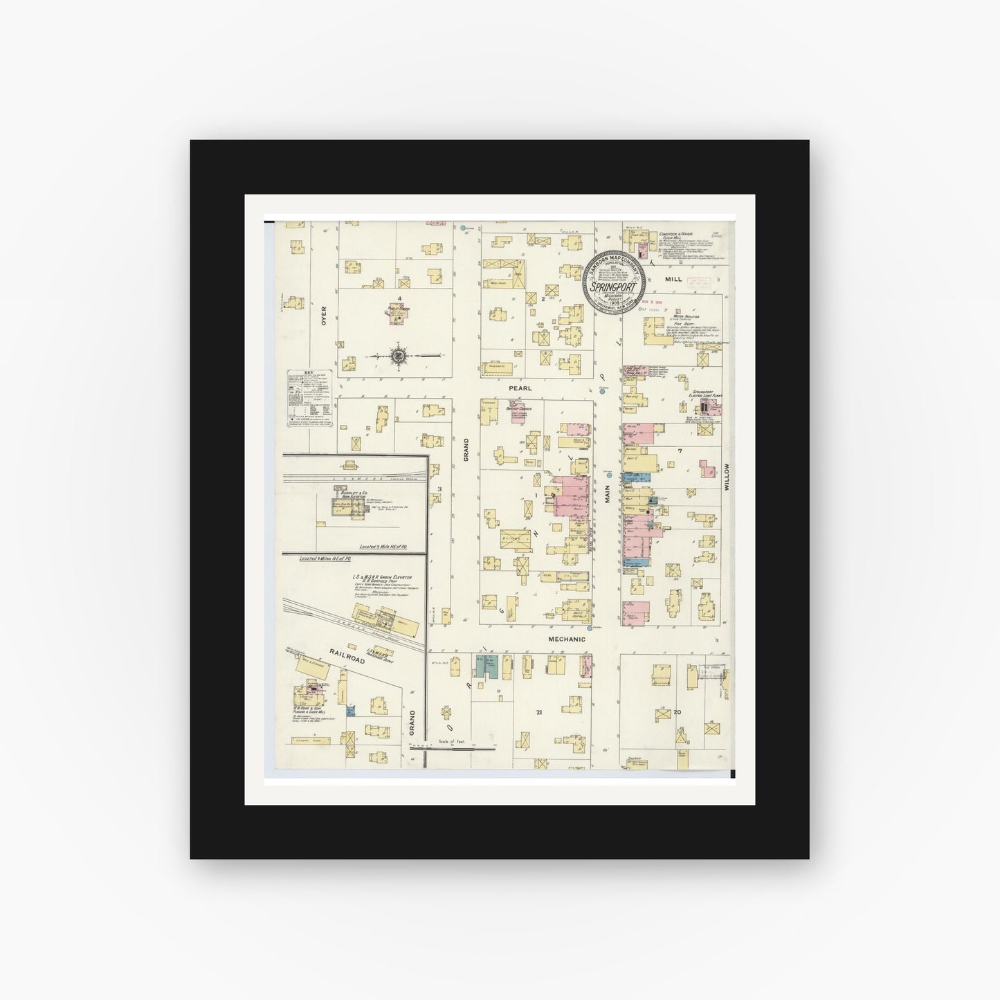 Old map wall art mockup — black gallery frame with white mat — Sanborn Fire Insurance Map from Springport, Jackson County, Michigan (1909), Sheet #0001