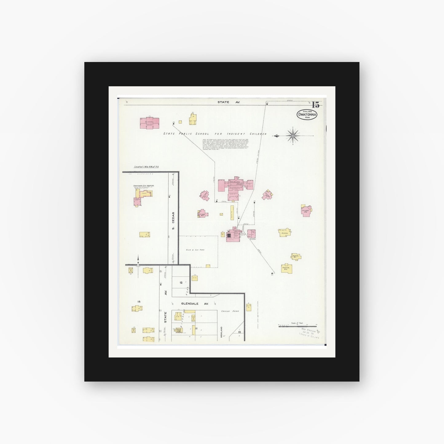 Old map wall art mockup — black gallery frame with white mat — Sanborn Fire Insurance Map from Owatonna, Steele County, Minnesota (1909), Sheet #0015