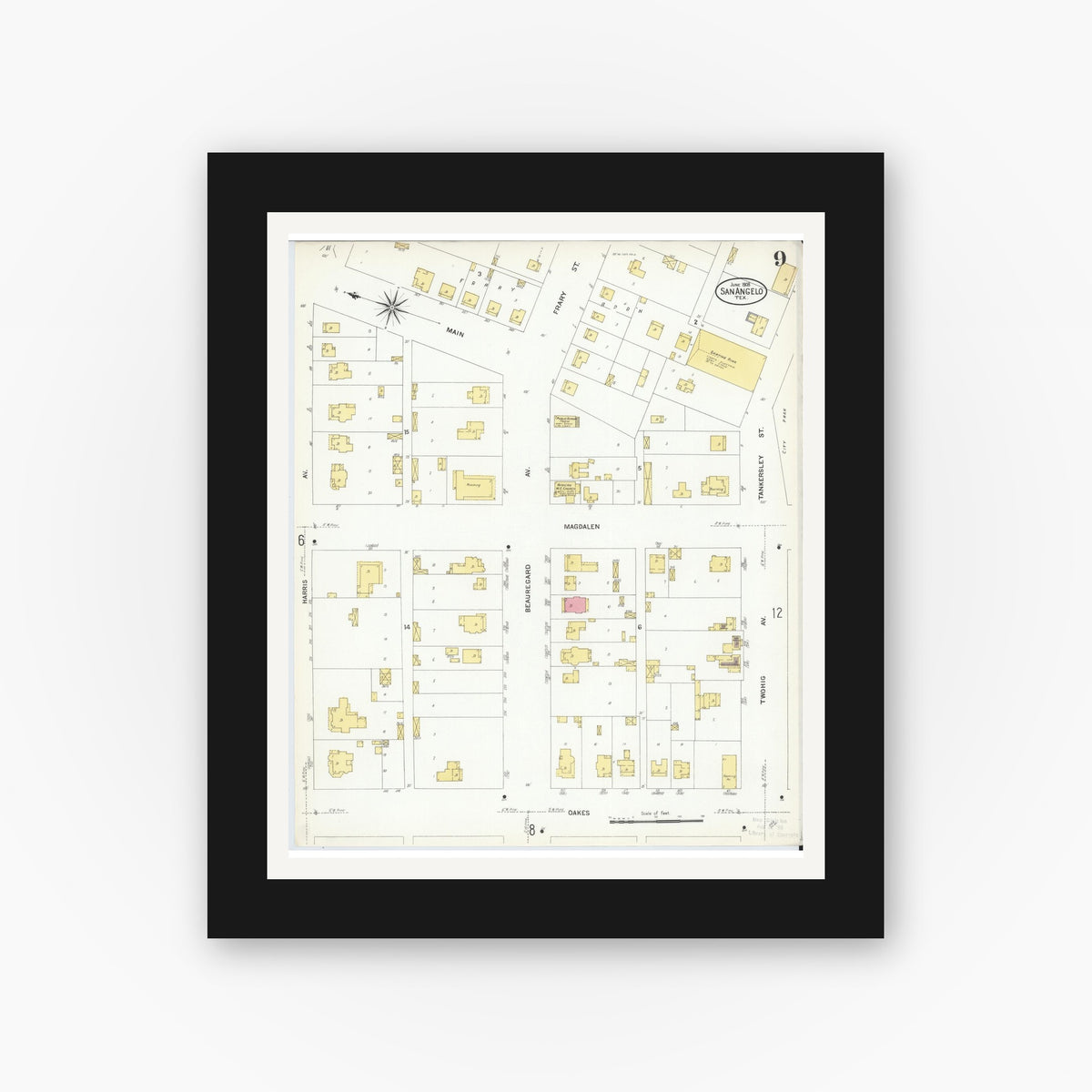 Old map wall art mockup — black gallery frame with white mat — Sanborn Fire Insurance Map from San Angelo, Tom Green County, Texas (1908), Sheet #0009