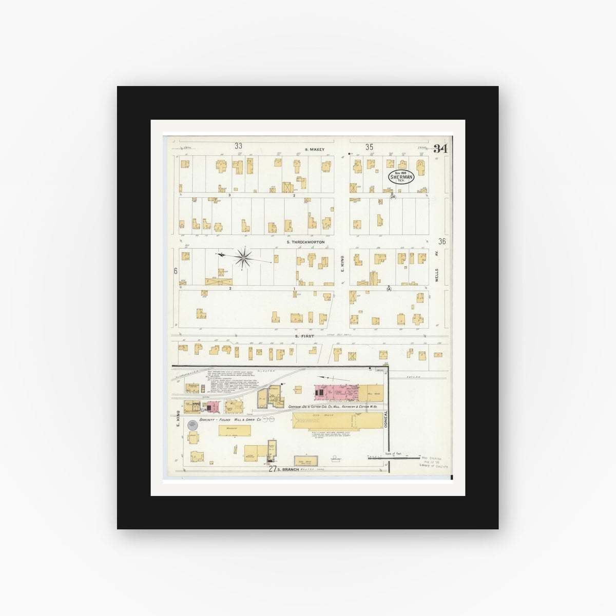Old map wall art mockup — black gallery frame with white mat — Sanborn Fire Insurance Map from Sherman, Grayson County, Texas (1908), Sheet #0034
