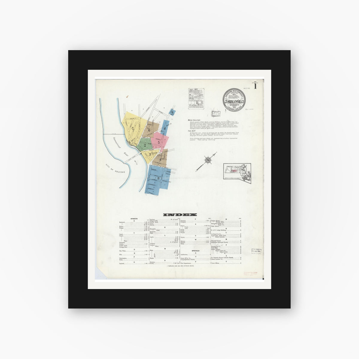Old map wall art mockup — black gallery frame with white mat — Sanborn Fire Insurance Map from South Hadley Falls, Hampshire County, Massachusetts (1918) - Complete Map Set