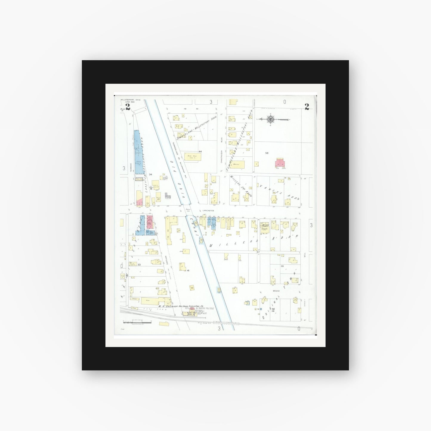 Old map wall art mockup — black gallery frame with white mat — Sanborn Fire Insurance Map from Millersport, Fairfield County, Ohio (1946), Sheet #0002