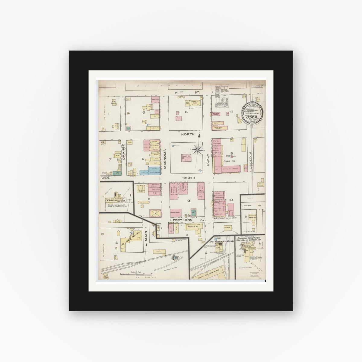 Old map wall art mockup — black gallery frame with white mat — Sanborn Fire Insurance Map from Ocala, Marion County, Florida (1886), Sheet #0001
