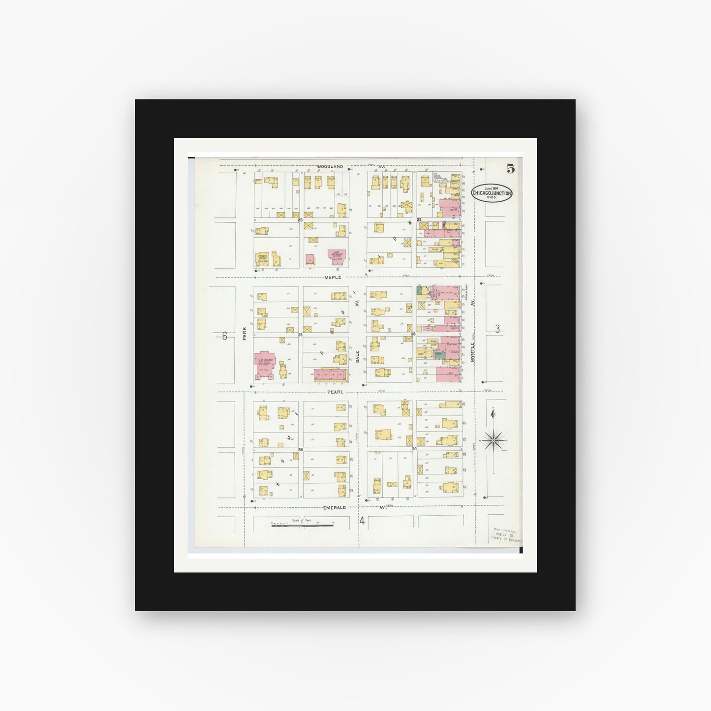 Old map wall art mockup — black gallery frame with white mat — Sanborn Fire Insurance Map from Chicago Junction, Huron County, Ohio (1904), Sheet #0005