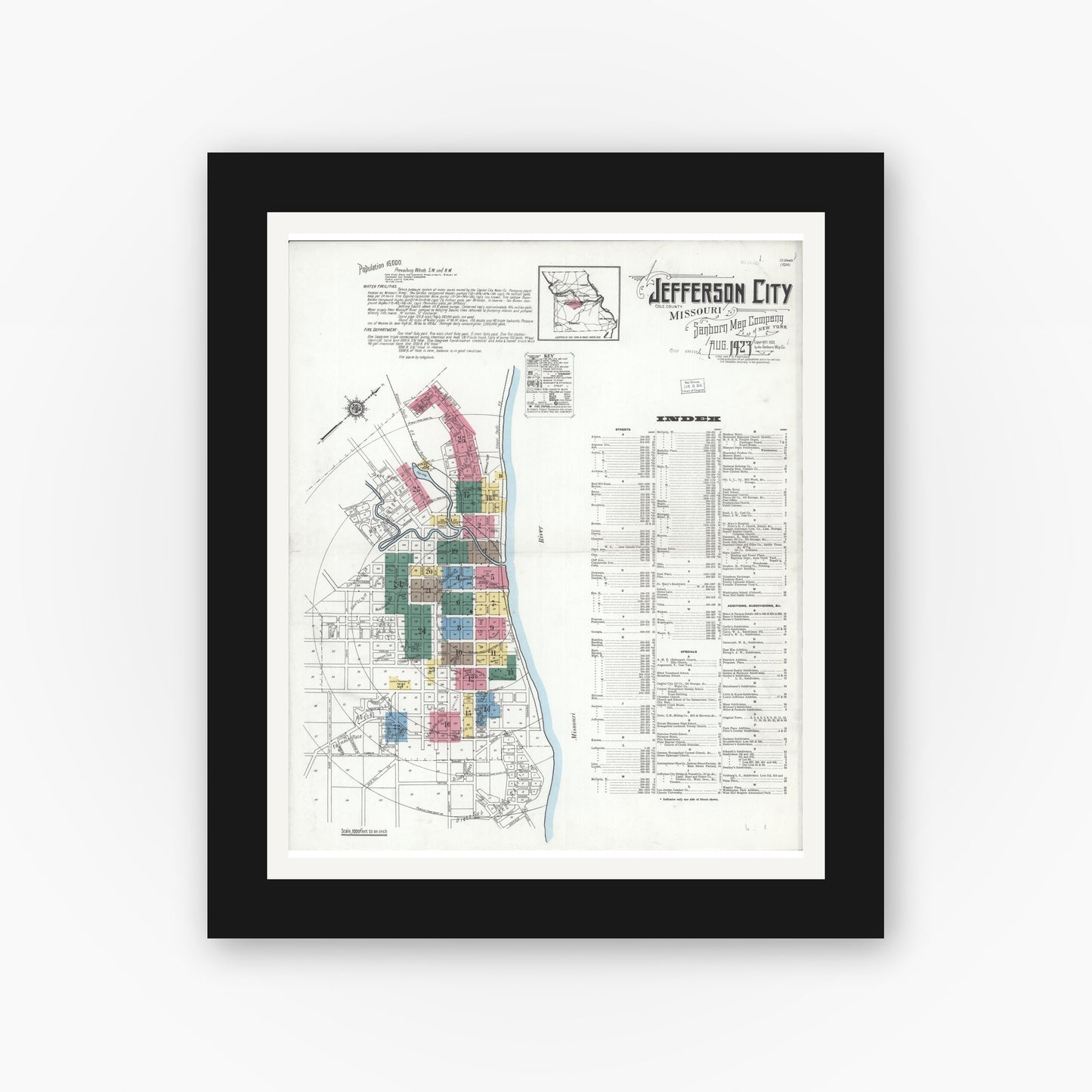 Old map wall art mockup — black gallery frame with white mat — Sanborn Fire Insurance Map from Jefferson City, Cole County, Missouri (1923), Sheet #0001