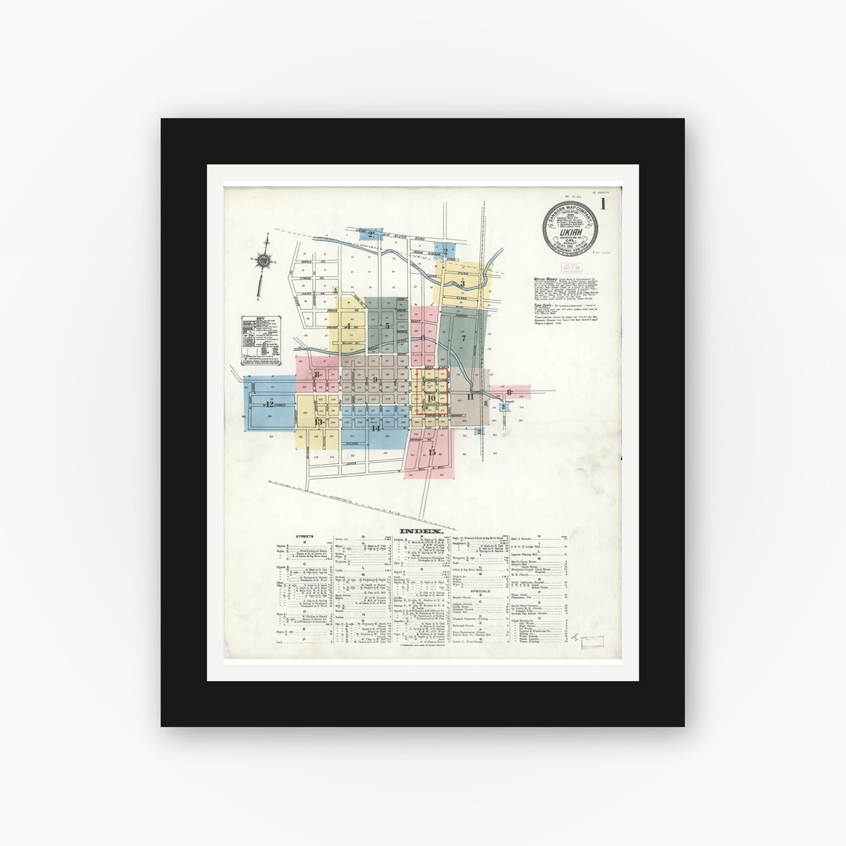 Old map wall art mockup — black gallery frame with white mat — Sanborn Fire Insurance Map from Ukiah, Mendocino County, California (1911) - Complete Map Set
