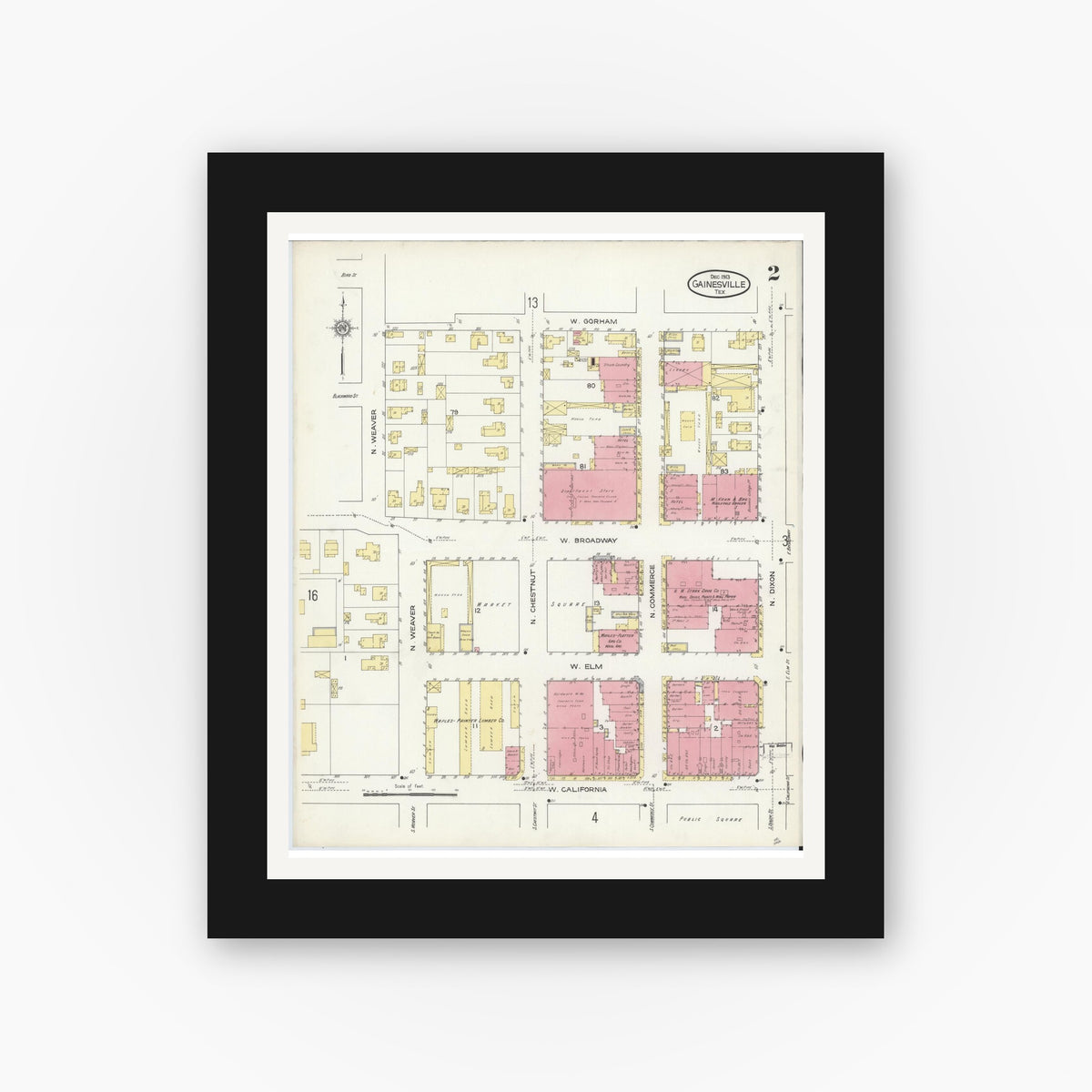 Old map wall art mockup — black gallery frame with white mat — Sanborn Fire Insurance Map from Gainesville, Cooke County, Texas (1913), Sheet #0002