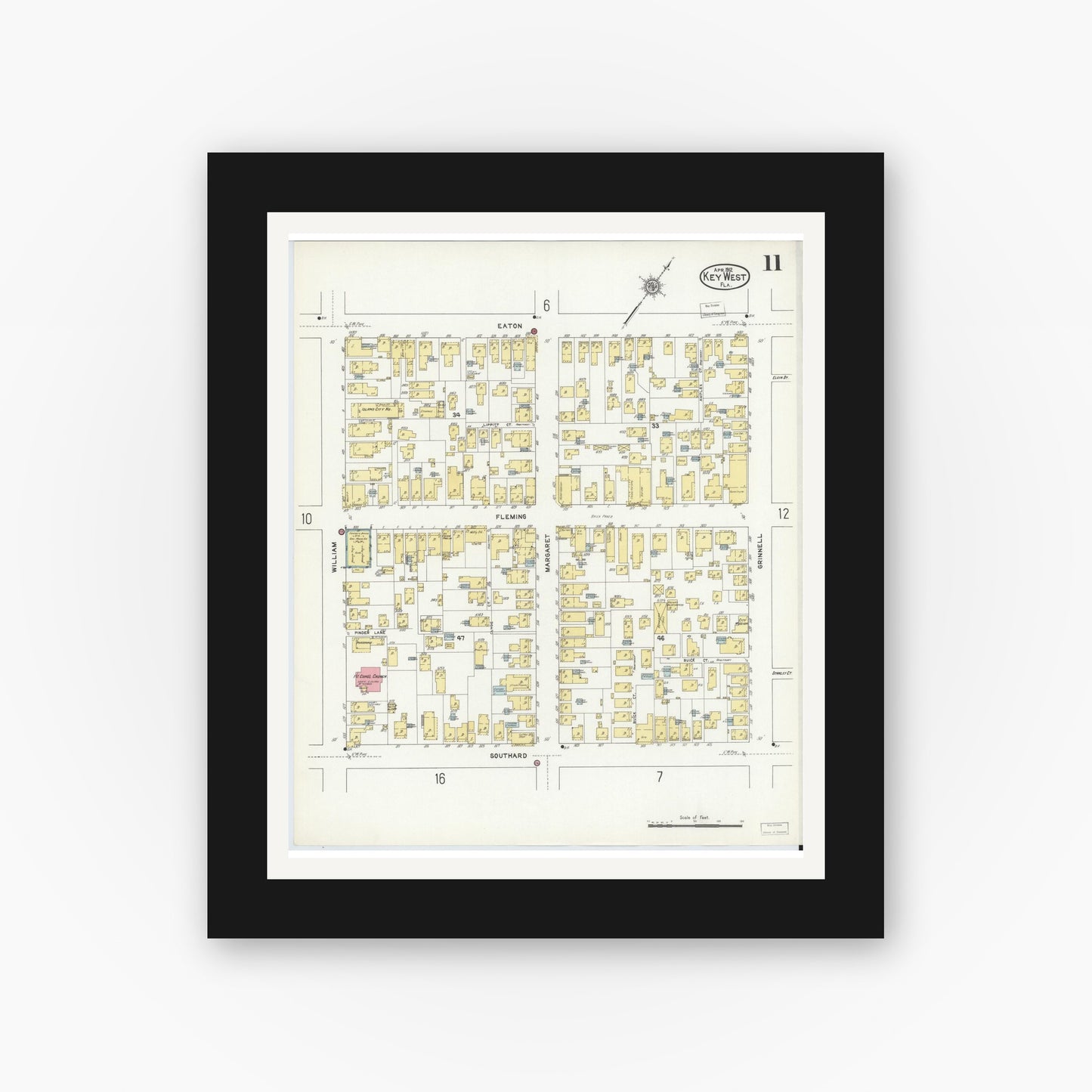 Old map wall art mockup — black gallery frame with white mat — Sanborn Fire Insurance Map from Key West, Monroe County, Florida (1912), Sheet #0011