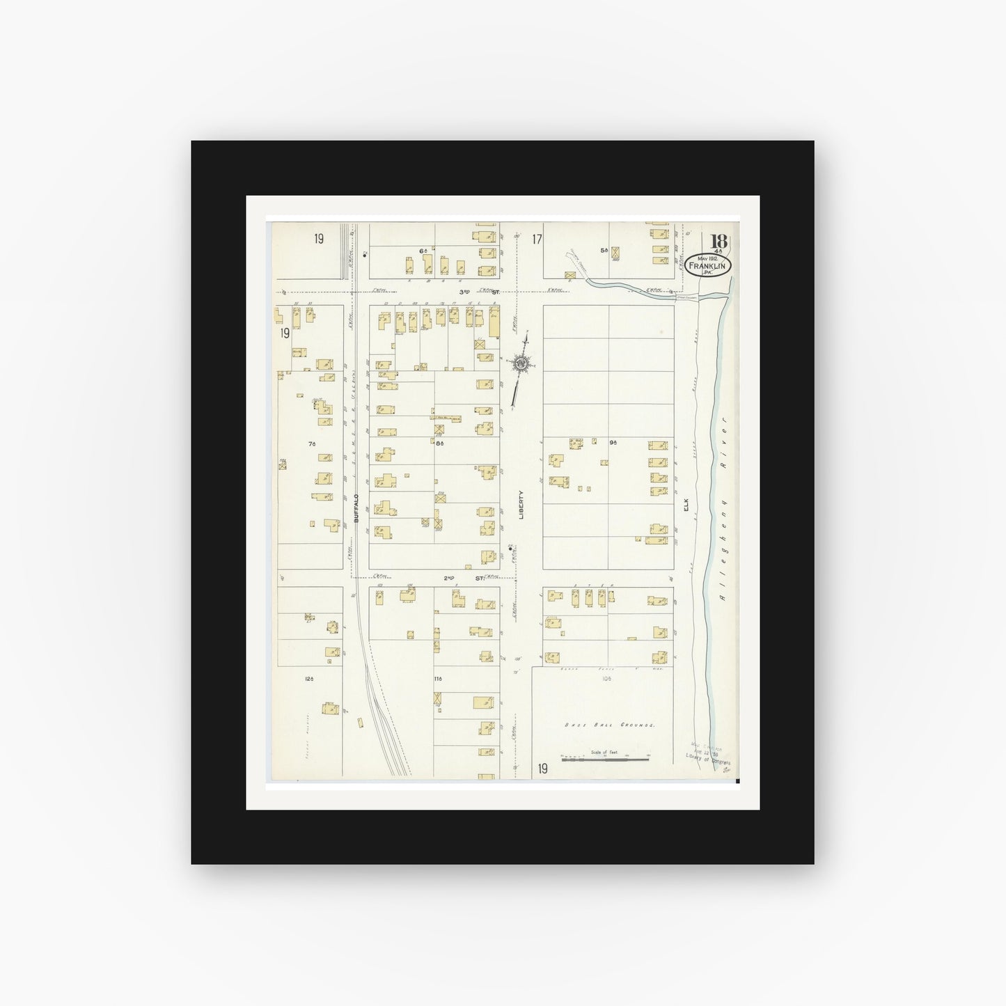 Old map wall art mockup — black gallery frame with white mat — Sanborn Fire Insurance Map from Franklin, Venango County, Pennsylvania (1912), Sheet #0018