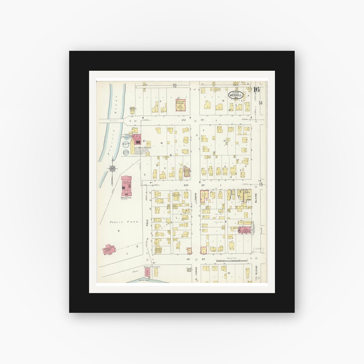 Old map wall art mockup — black gallery frame with white mat — Sanborn Fire Insurance Map from Merrill, Lincoln County, Wisconsin (1913), Sheet #0016