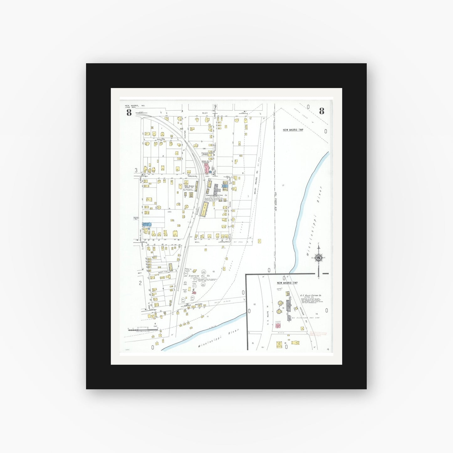 Old map wall art mockup — black gallery frame with white mat — Sanborn Fire Insurance Map from New Madrid, New Madrid County, Missouri (1950), Sheet #0008
