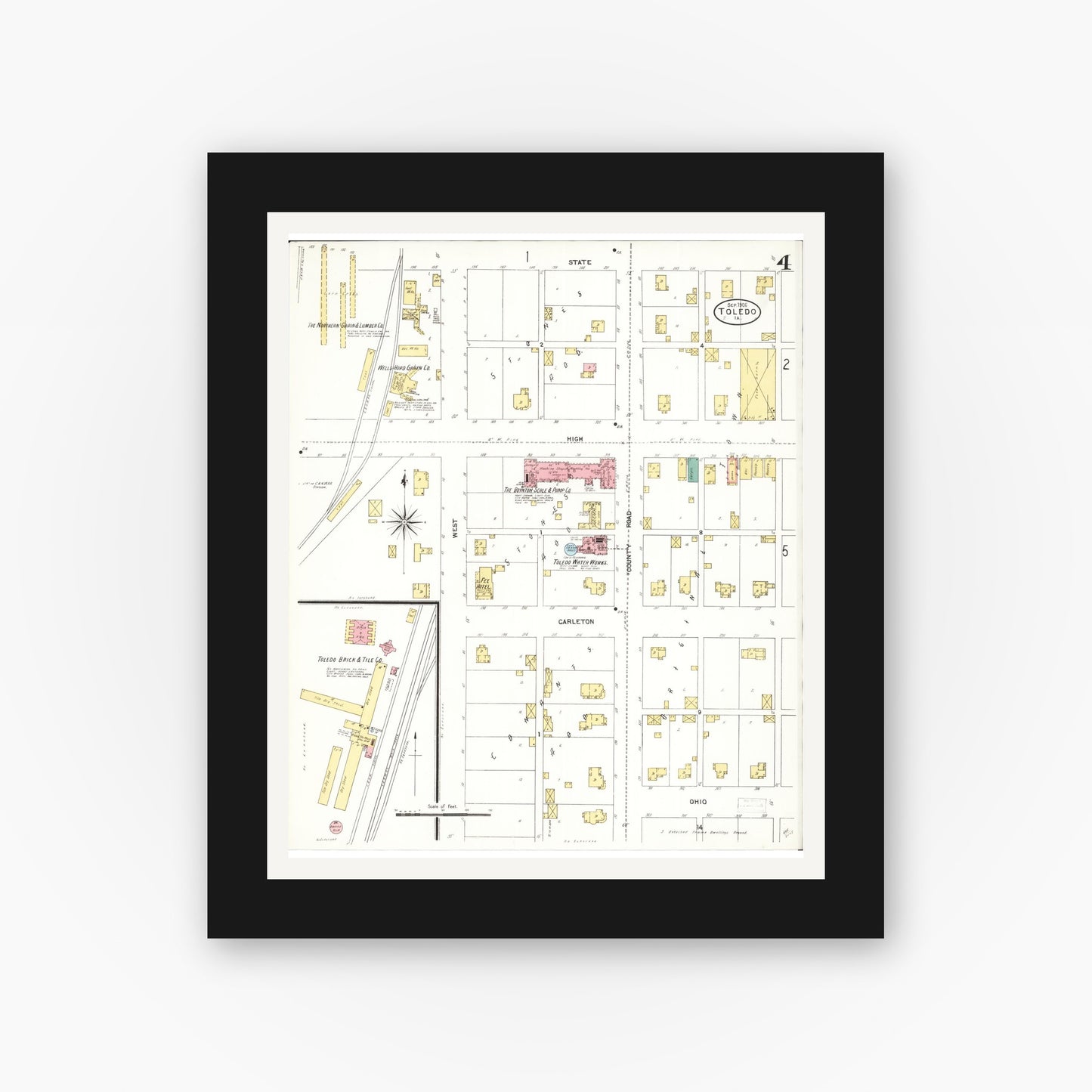Old map wall art mockup — black gallery frame with white mat — Sanborn Fire Insurance Map from Toledo, Tama County, Iowa (1906), Sheet #0004
