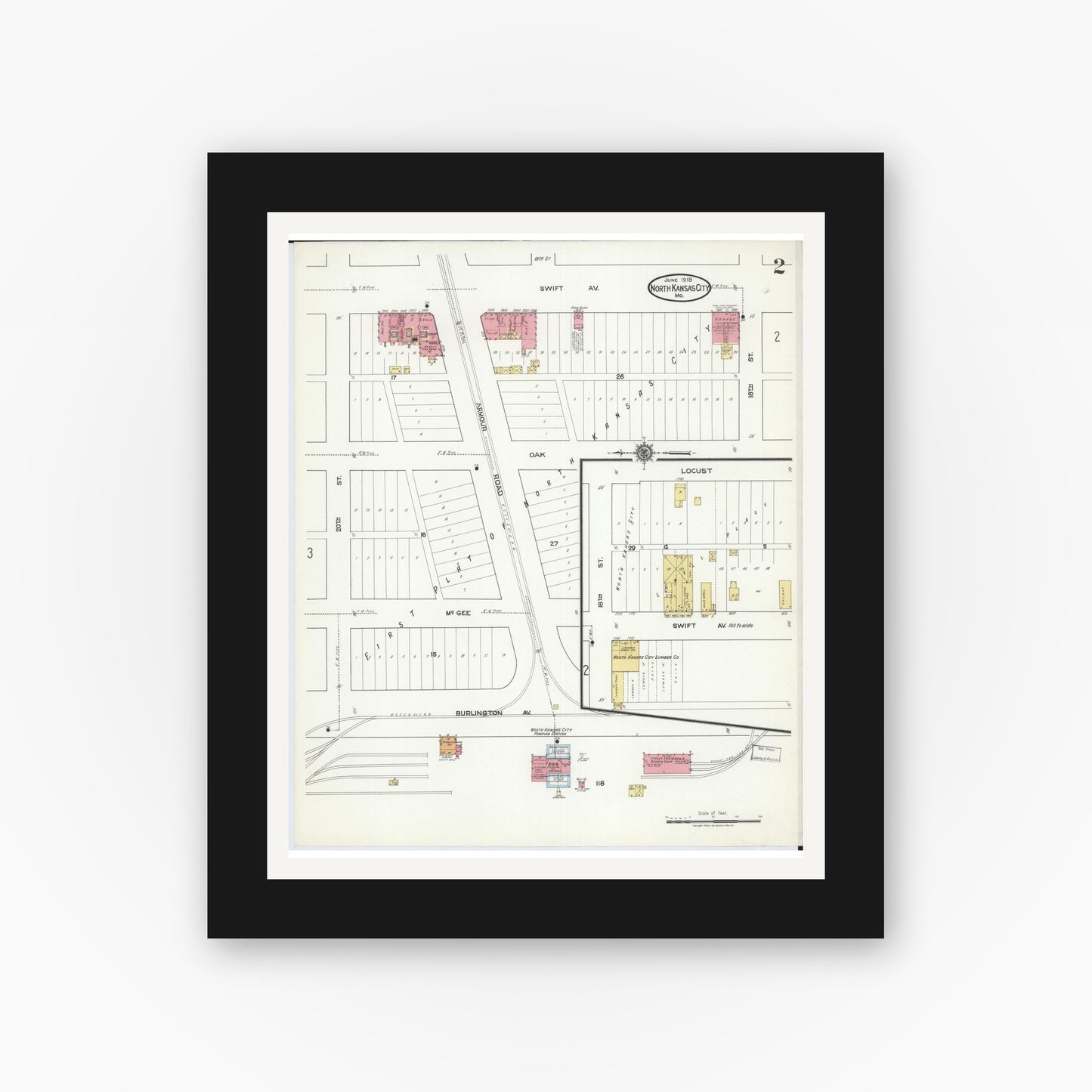 Old map wall art mockup — black gallery frame with white mat — Sanborn Fire Insurance Map from North Kansas City, Clay County, Missouri (1918), Sheet #0002
