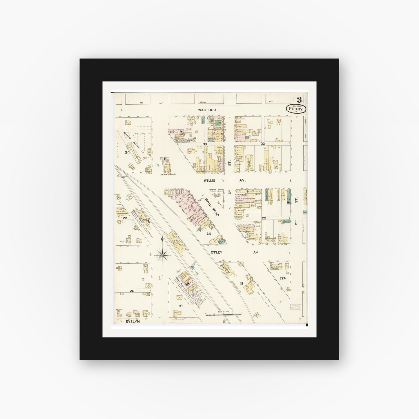 Old map wall art mockup — black gallery frame with white mat — Sanborn Fire Insurance Map from Perry, Dallas County, Iowa (1888), Sheet #0003