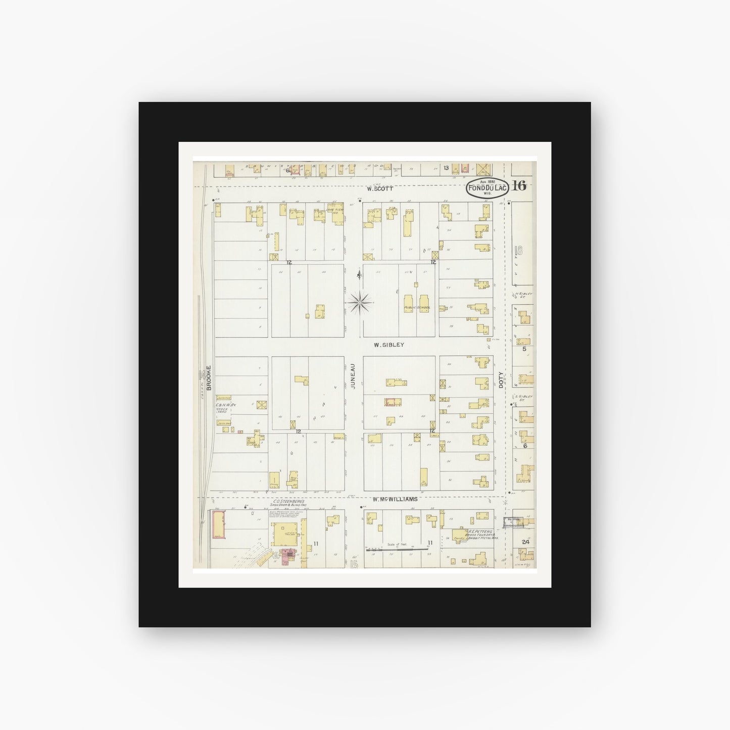 Old map wall art mockup — black gallery frame with white mat — Sanborn Fire Insurance Map from Fond du Lac, Fond du Lac County, Wisconsin (1892), Sheet #0016