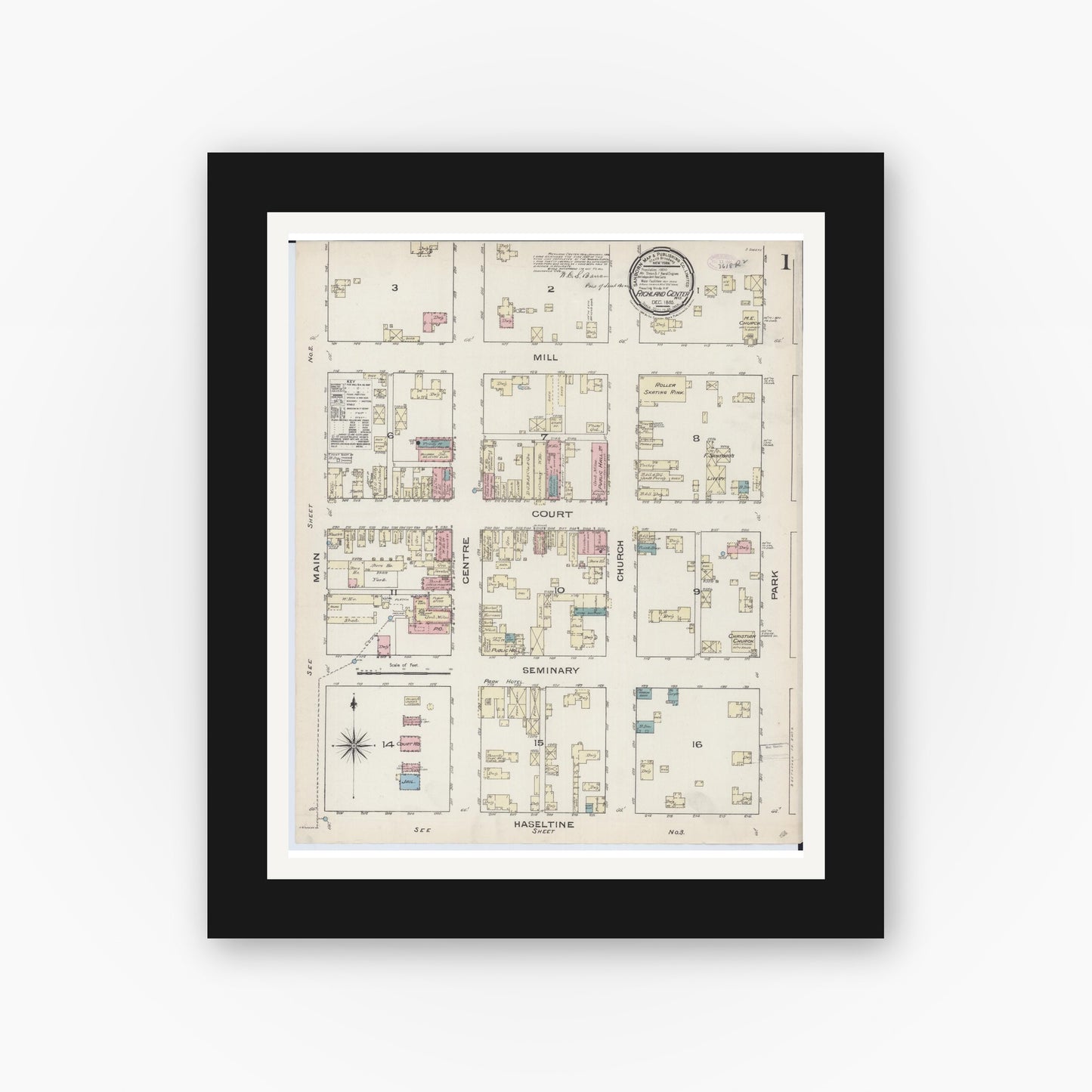 Old map wall art mockup — black gallery frame with white mat — Sanborn Fire Insurance Map from Richland Center, Richland County, Wisconsin (1883) - Complete Map Set