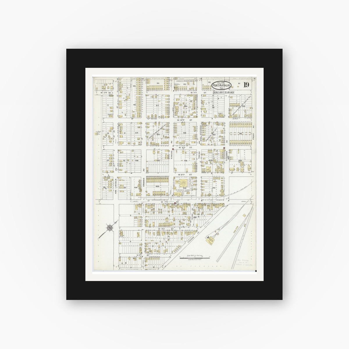 Old map wall art mockup — black gallery frame with white mat — Sanborn Fire Insurance Map from Port Arthur, Jefferson County, Texas (1918), Sheet #0019