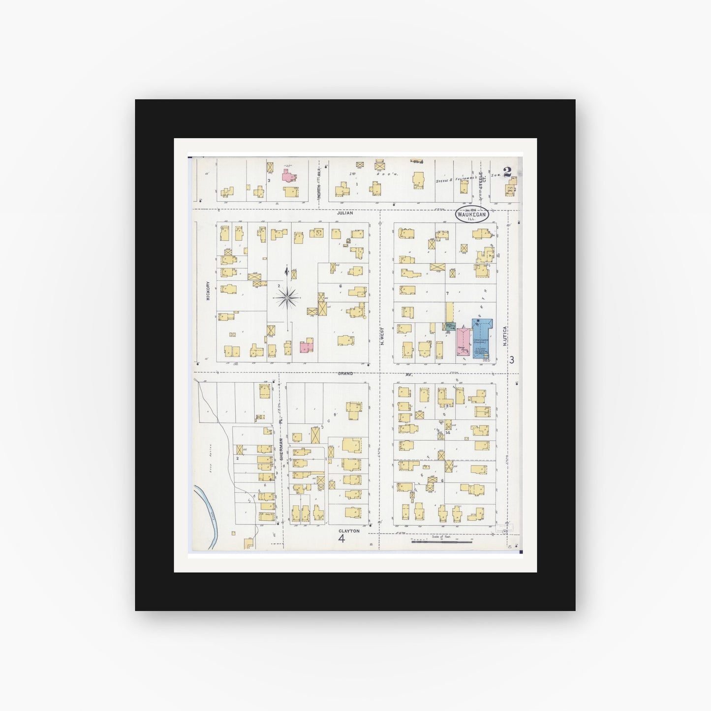 Old map wall art mockup — black gallery frame with white mat — Sanborn Fire Insurance Map from Waukegan, Lake County, Illinois (1906), Sheet #0002