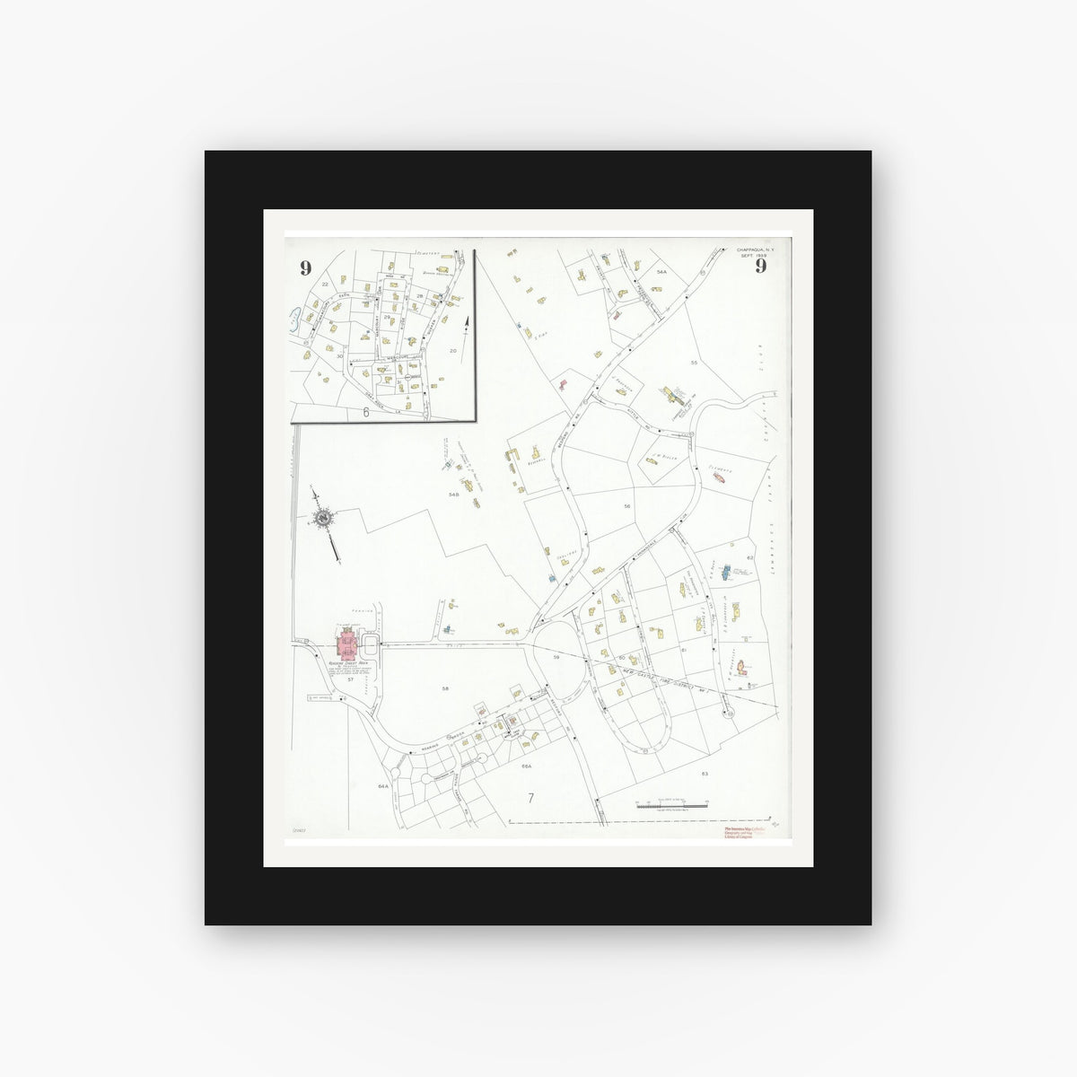 Old map wall art mockup — black gallery frame with white mat — Sanborn Fire Insurance Map from Chappaqua, Westchester County, New York (1939), Sheet #0009