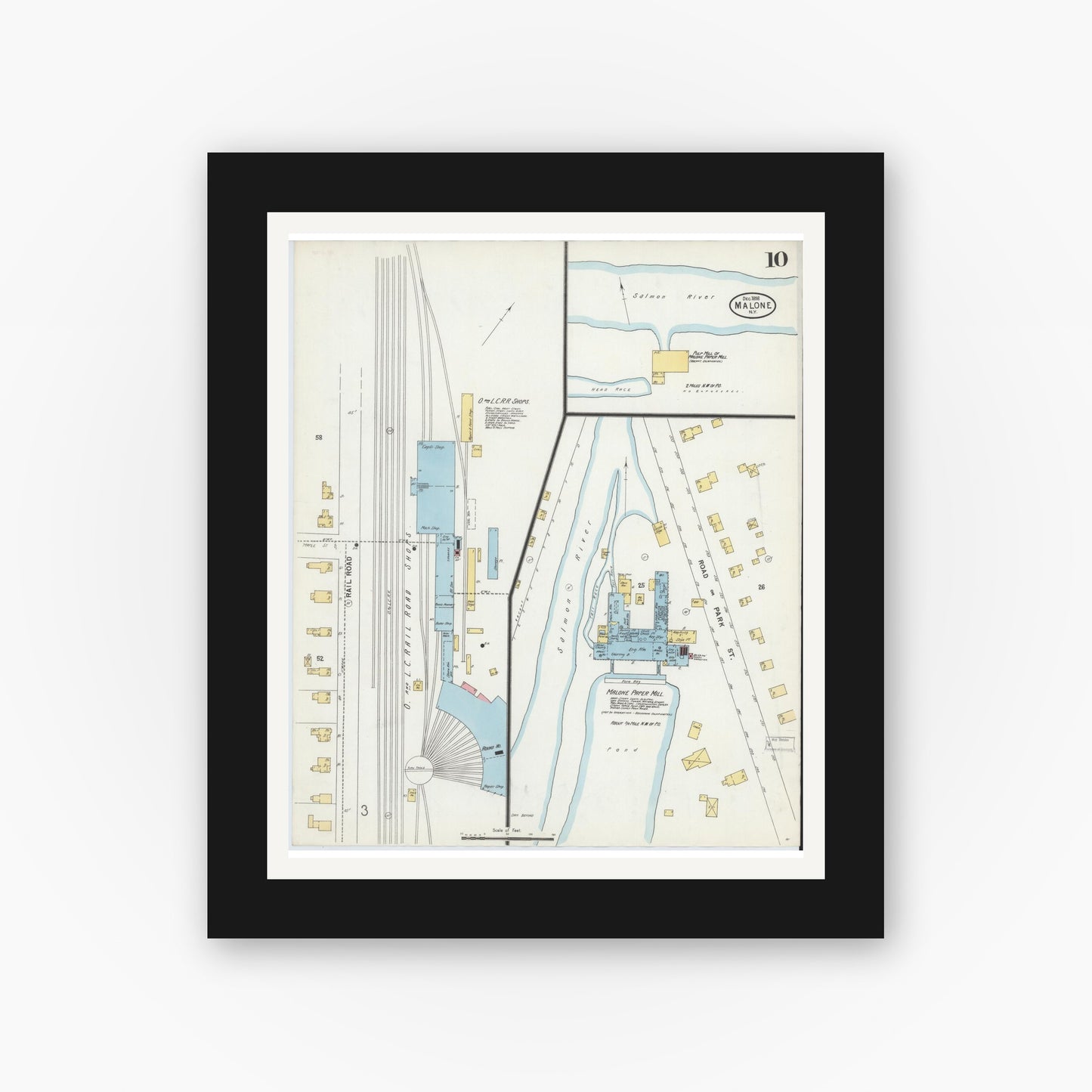 Old map wall art mockup — black gallery frame with white mat — Sanborn Fire Insurance Map from Malone, Franklin County, New York (1898), Sheet #0010