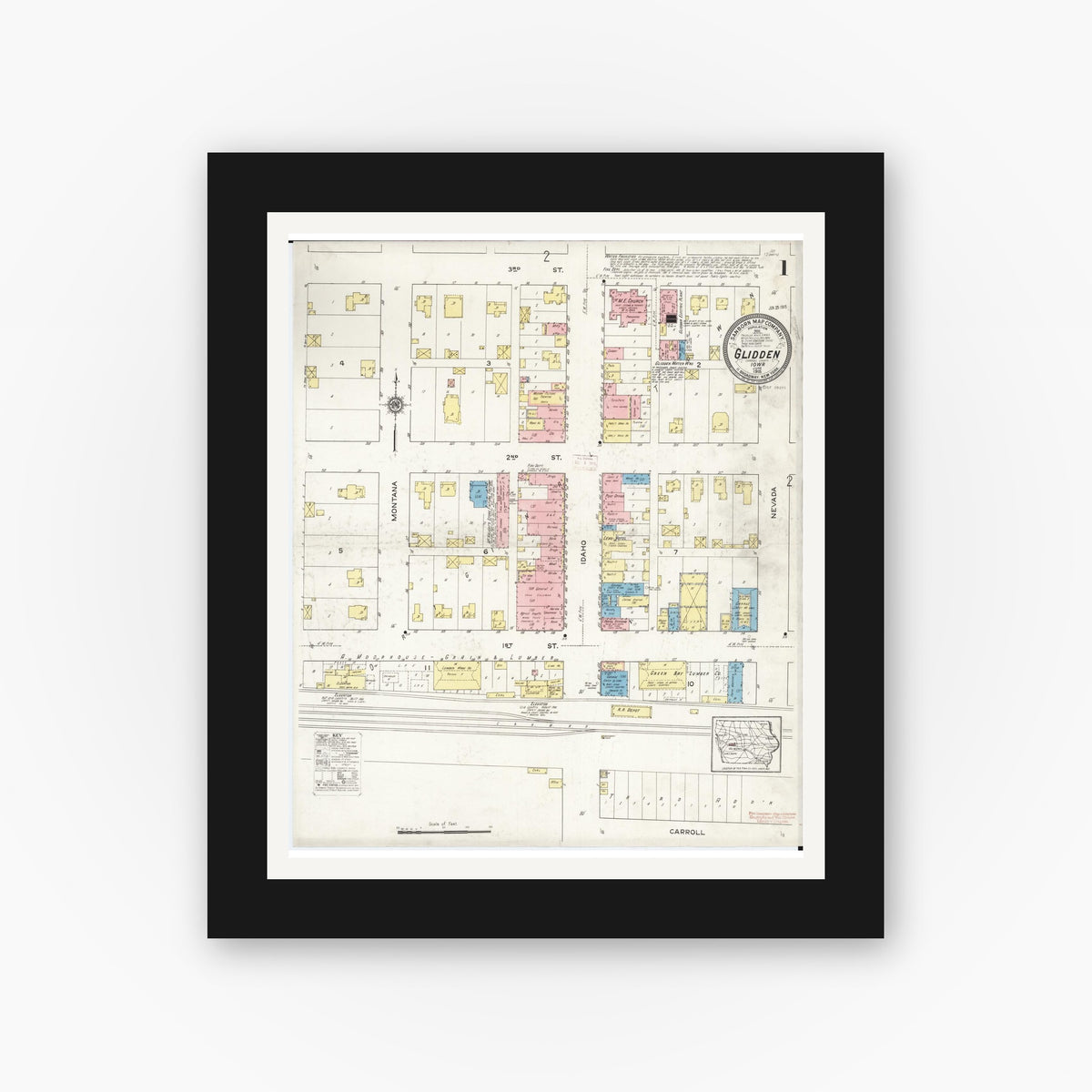 Old map wall art mockup — black gallery frame with white mat — Sanborn Fire Insurance Map from Glidden, Carroll County, Iowa (1915) — Complete Set