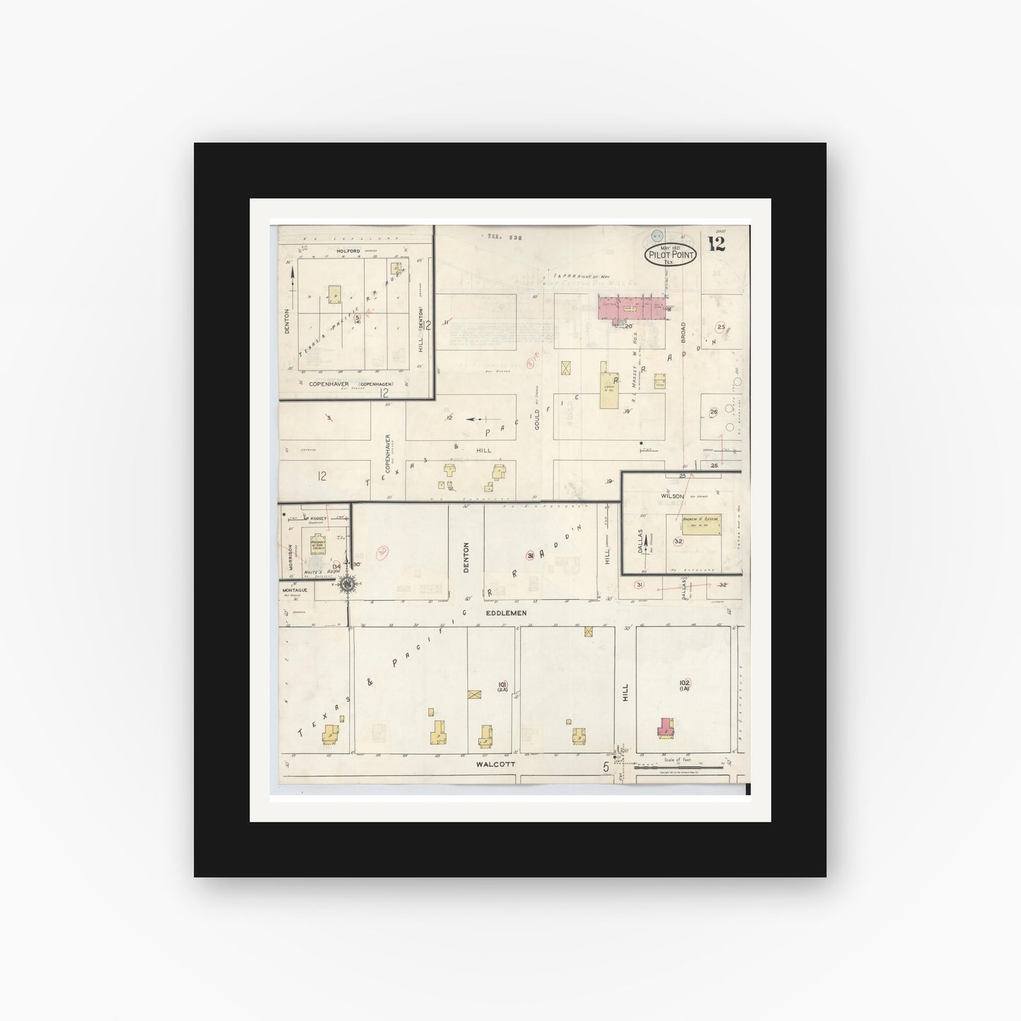 Old map wall art mockup — black gallery frame with white mat — Sanborn Fire Insurance Map from Pilot Point, Denton County, Texas (1940), Sheet #0012