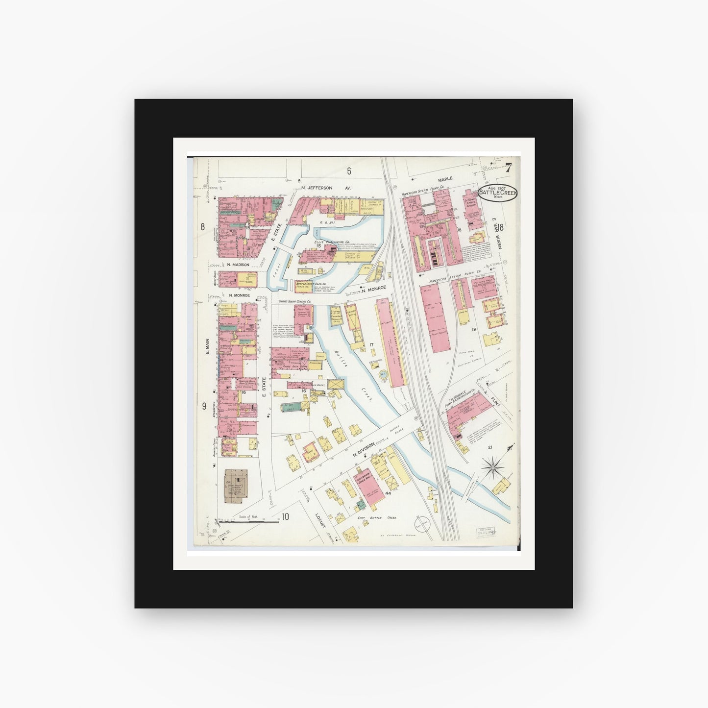 Old map wall art mockup — black gallery frame with white mat — Sanborn Fire Insurance Map from Battle Creek, Calhoun County, Michigan (1907), Sheet #0007