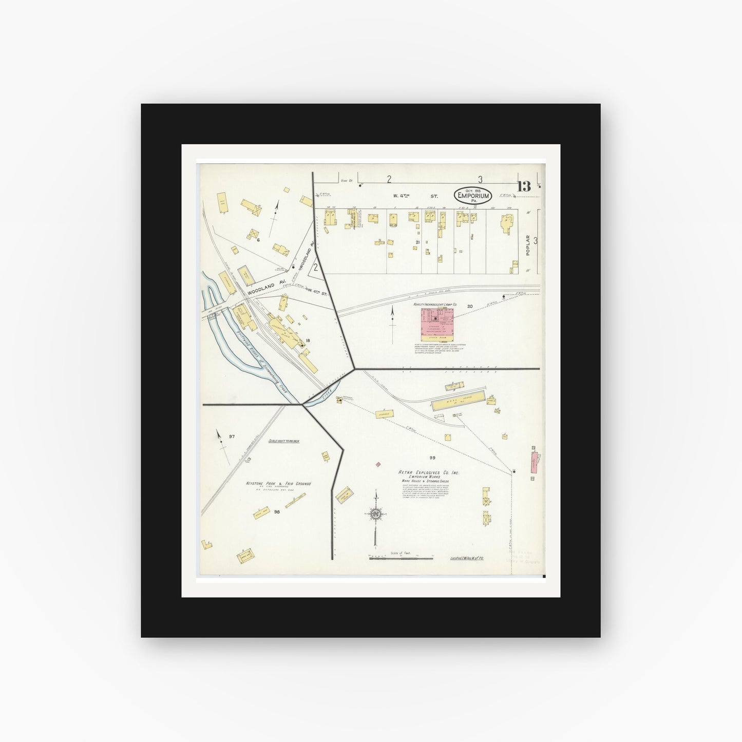 Old map wall art mockup — black gallery frame with white mat — Sanborn Fire Insurance Map from Emporium, Cameron County, Pennsylvania (1915), Sheet #0013