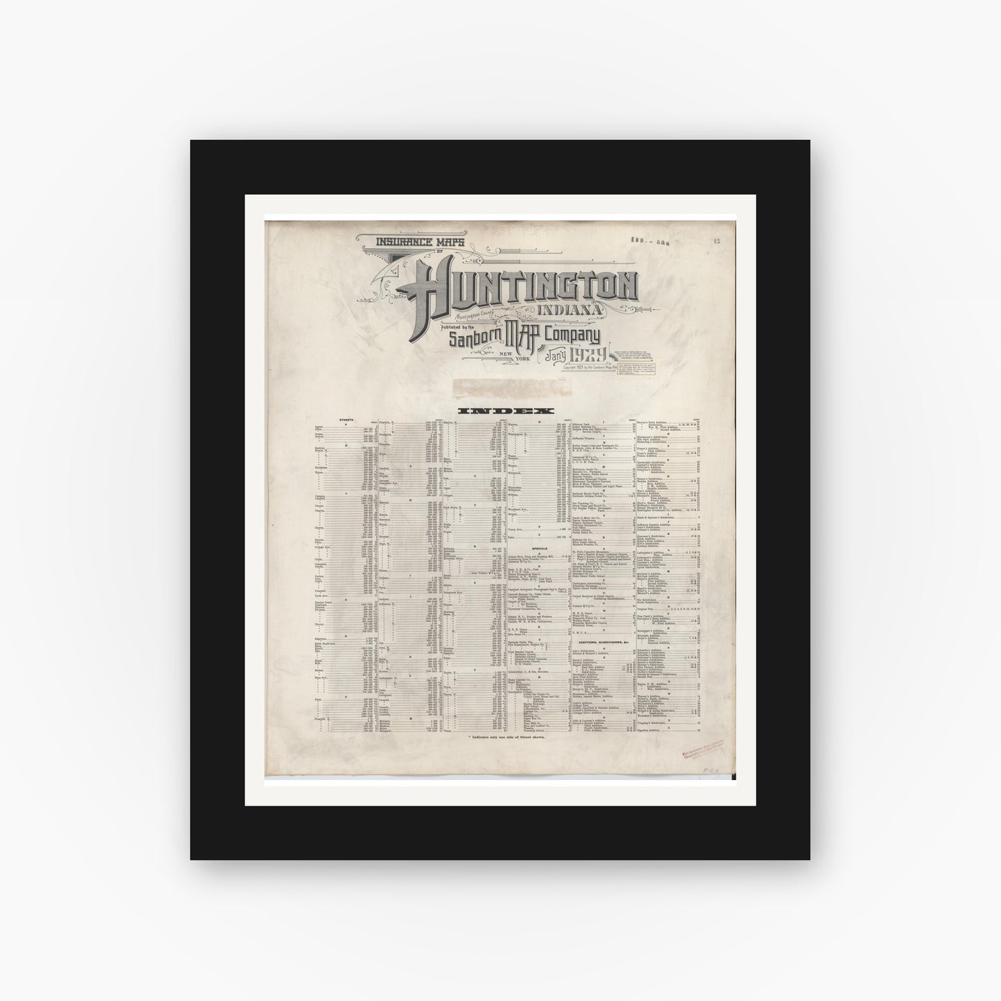 Old map wall art mockup — black gallery frame with white mat — Sanborn Fire Insurance Map from Huntington, Huntington County, Indiana (1946), Sheet #0001