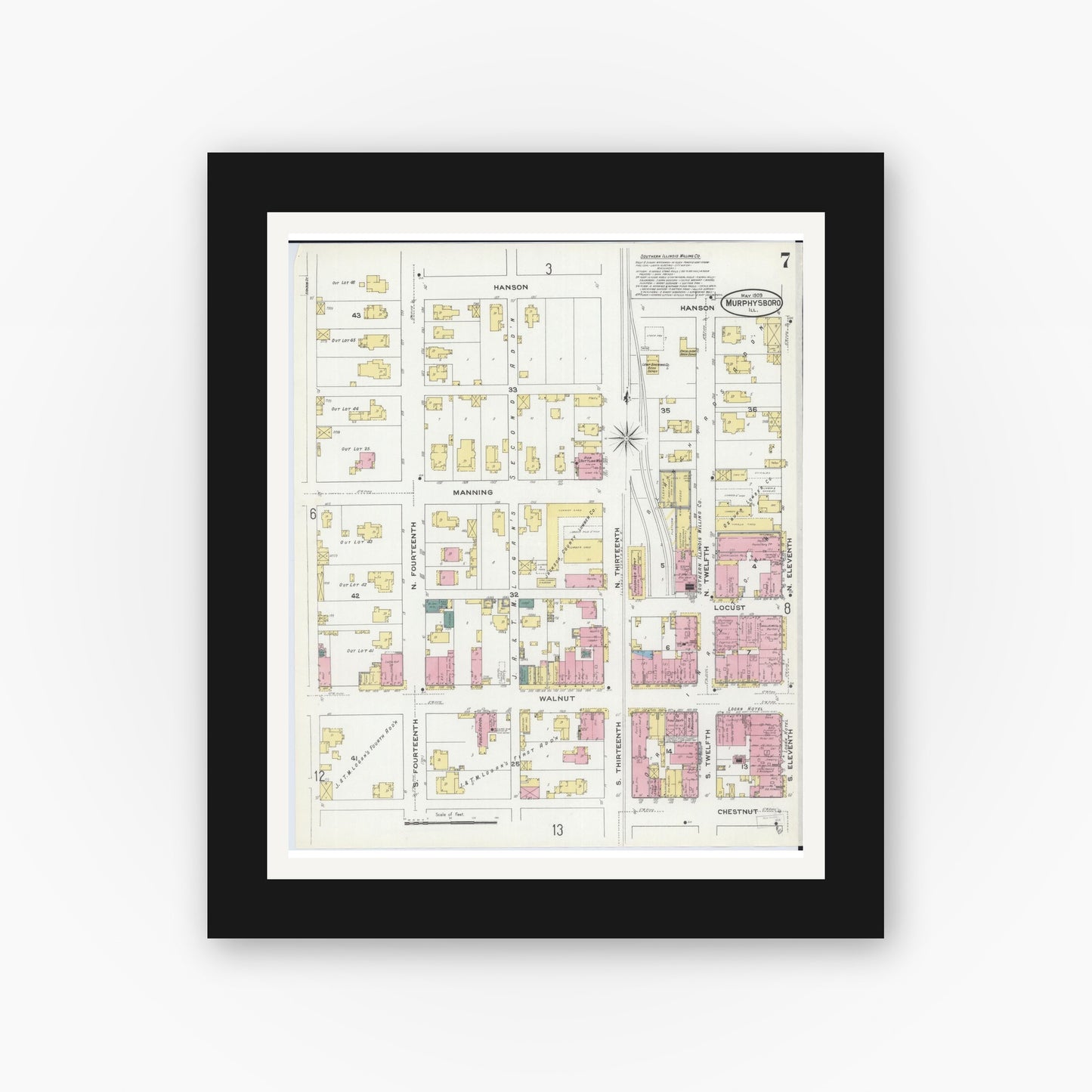 Old map wall art mockup — black gallery frame with white mat — Sanborn Fire Insurance Map from Murphysboro, Jackson County, Illinois (1909), Sheet #0007