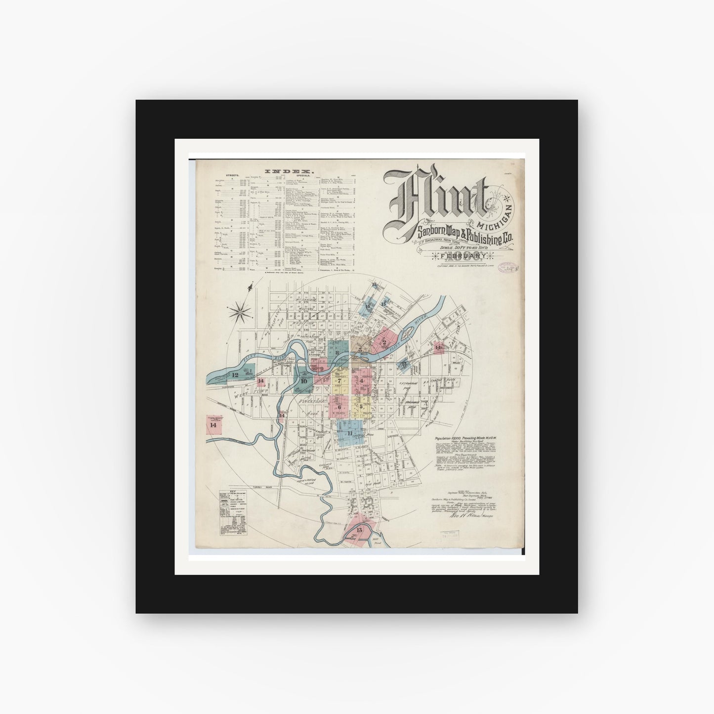 Old map wall art mockup — black gallery frame with white mat — Sanborn Fire Insurance Map from Flint, Genesee County, Michigan (1886), Sheet #0001
