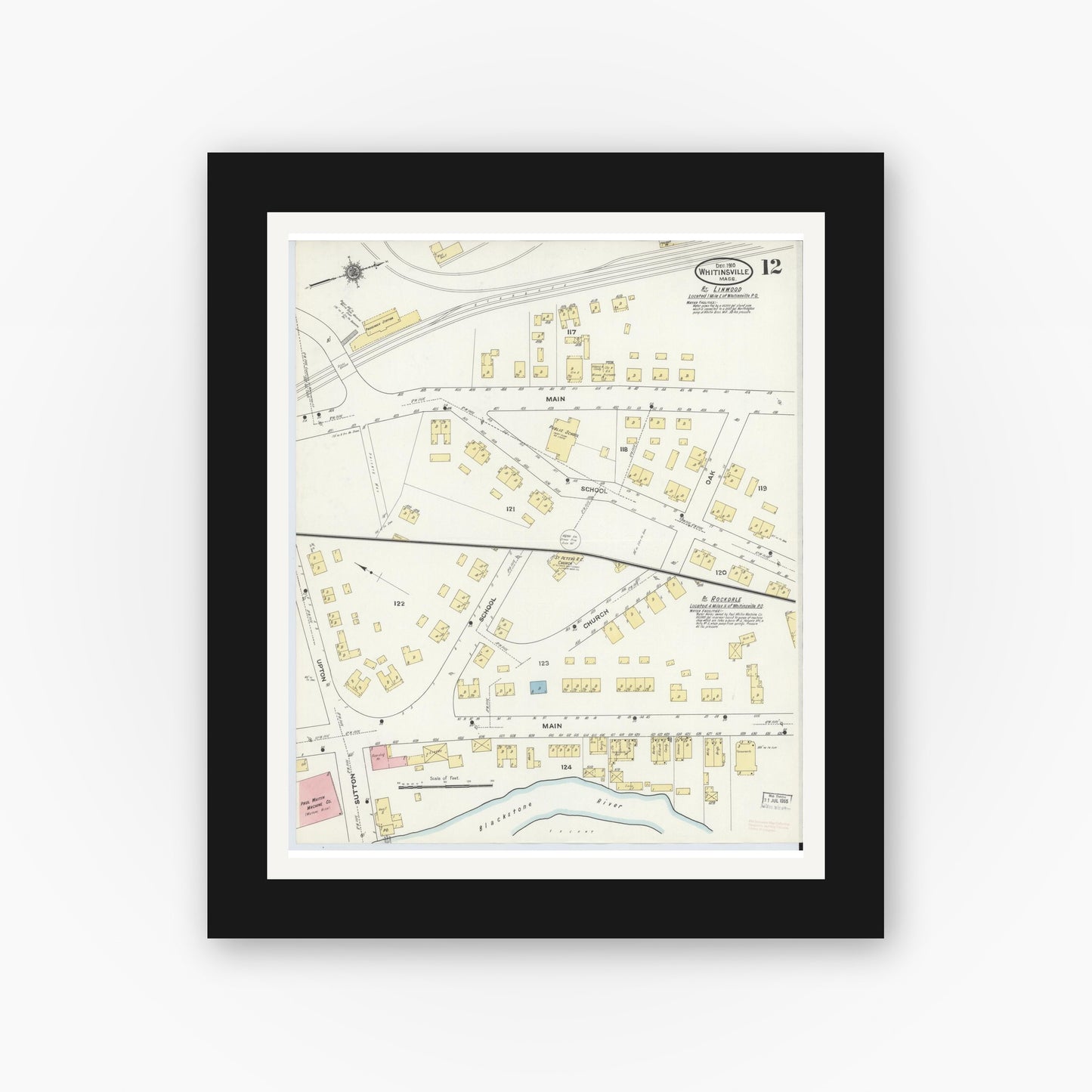 Old map wall art mockup — black gallery frame with white mat — Sanborn Fire Insurance Map from Whitinsville, Worcester County, Massachusetts (1910), Sheet #0012