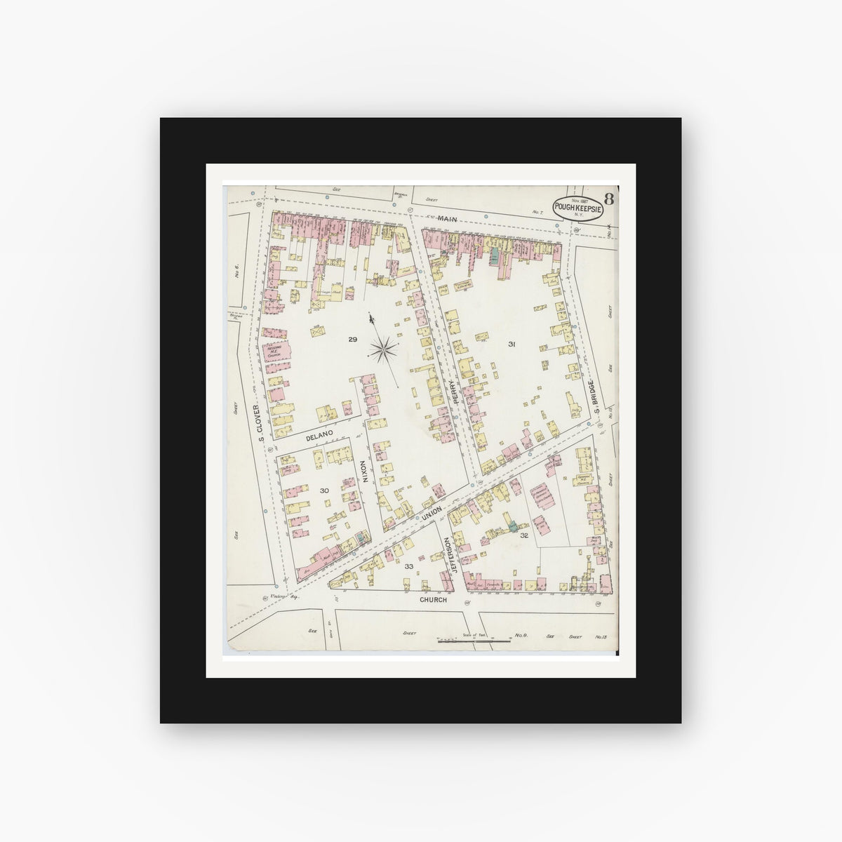 Old map wall art mockup — black gallery frame with white mat — Sanborn Fire Insurance Map from Poughkeepsie, Dutchess County, New York (1887), Sheet #0008