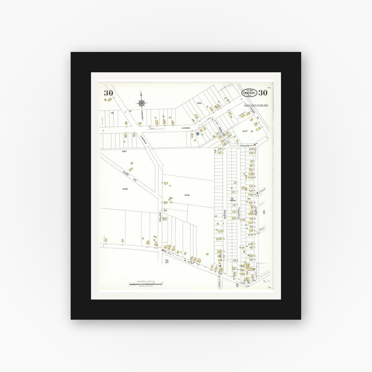 Old map wall art mockup — black gallery frame with white mat — Sanborn Fire Insurance Map from Oneida, Madison County, New York (1923), Sheet #0030