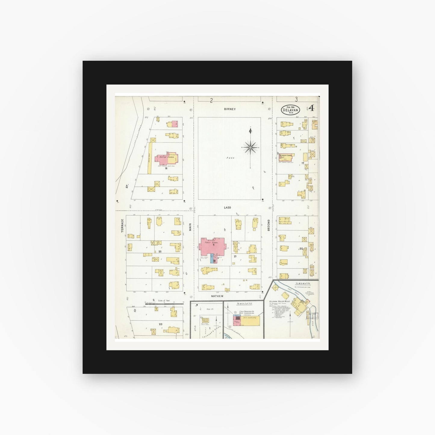 Old map wall art mockup — black gallery frame with white mat — Sanborn Fire Insurance Map from Delavan, Walworth County, Wisconsin (1904), Sheet #0004