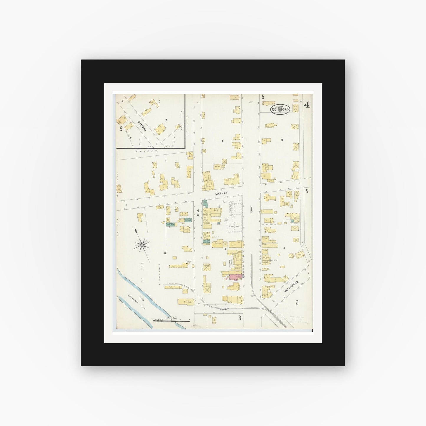 Old map wall art mockup — black gallery frame with white mat — Sanborn Fire Insurance Map from Edinboro, Erie County, Pennsylvania (1906), Sheet #0004