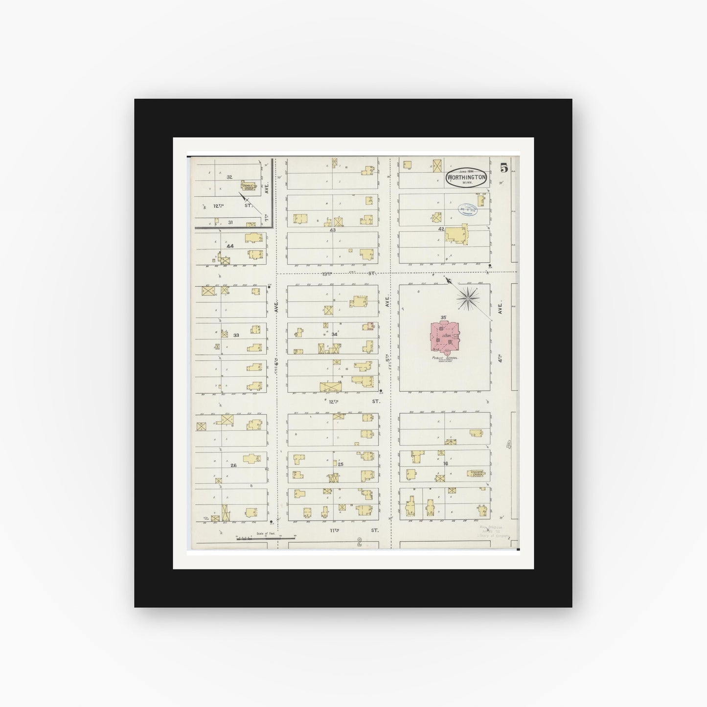 Old map wall art mockup — black gallery frame with white mat — Sanborn Fire Insurance Map from Worthington, Nobles County, Minnesota (1894), Sheet #0005