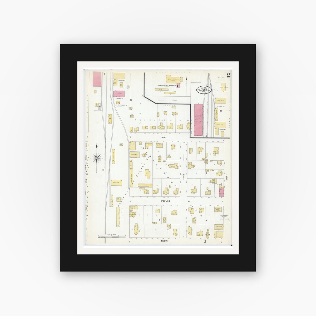 Old map wall art mockup — black gallery frame with white mat — Sanborn Fire Insurance Map from Plainfield, Waushara County, Wisconsin (1908), Sheet #0002