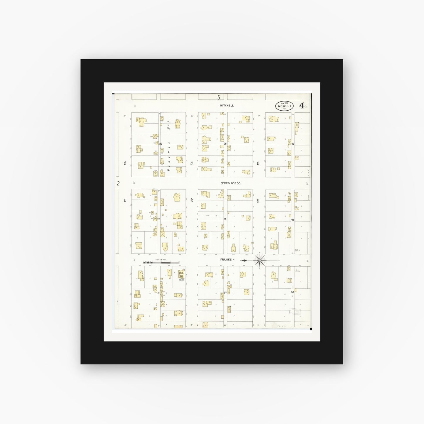 Old map wall art mockup — black gallery frame with white mat — Sanborn Fire Insurance Map from Ackley, Hardin and Franklin Counties, Iowa (1900), Sheet #0004