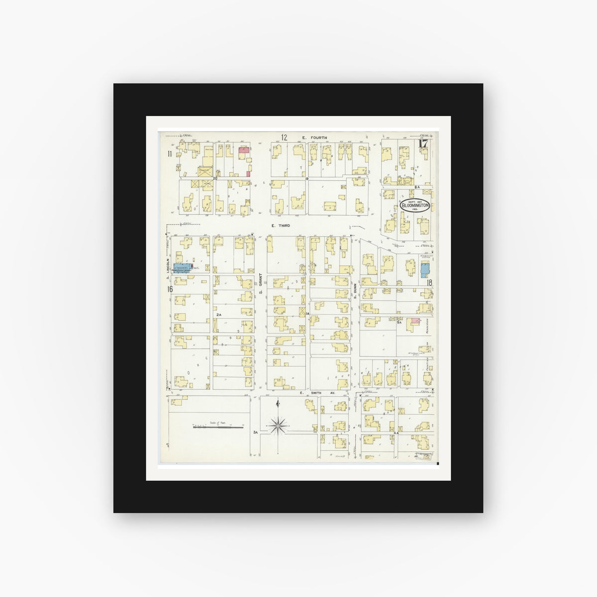 Old map wall art mockup — black gallery frame with white mat — Sanborn Fire Insurance Map from Bloomington, Monroe County, Indiana (1907), Sheet #0017