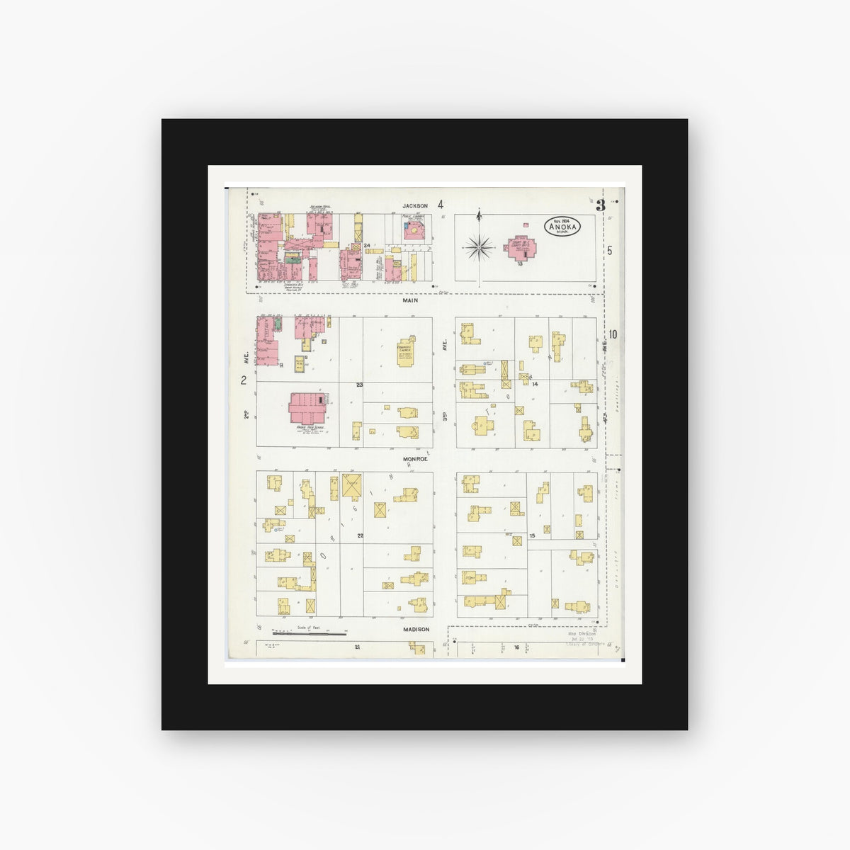 Old map wall art mockup — black gallery frame with white mat — Sanborn Fire Insurance Map from Anoka, Anoka County, Minnesota (1904), Sheet #0003