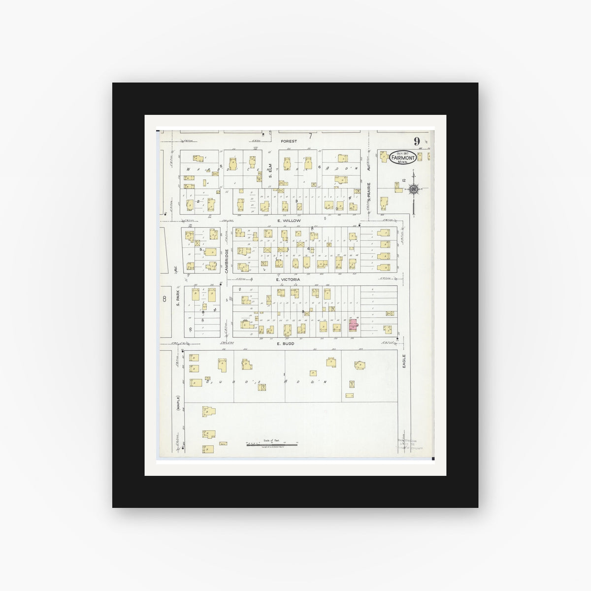 Old map wall art mockup — black gallery frame with white mat — Sanborn Fire Insurance Map from Fairmont, Martin County, Minnesota (1917), Sheet #0009