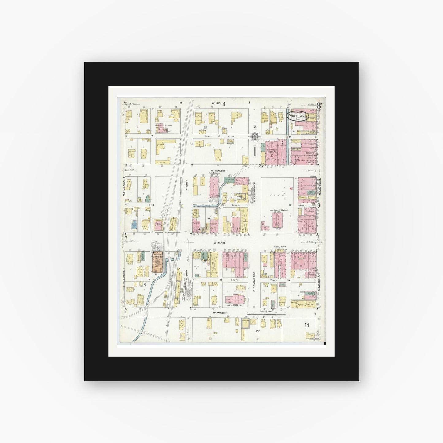 Old map wall art mockup — black gallery frame with white mat — Sanborn Fire Insurance Map from Portland, Jay County, Indiana (1910), Sheet #0008