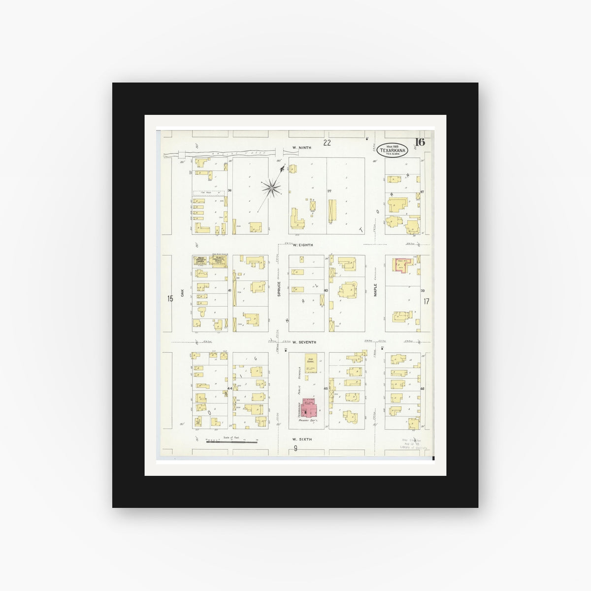 Old map wall art mockup — black gallery frame with white mat — Sanborn Fire Insurance Map from Texarkana, Bowie County, Texas (1909), Sheet #0016
