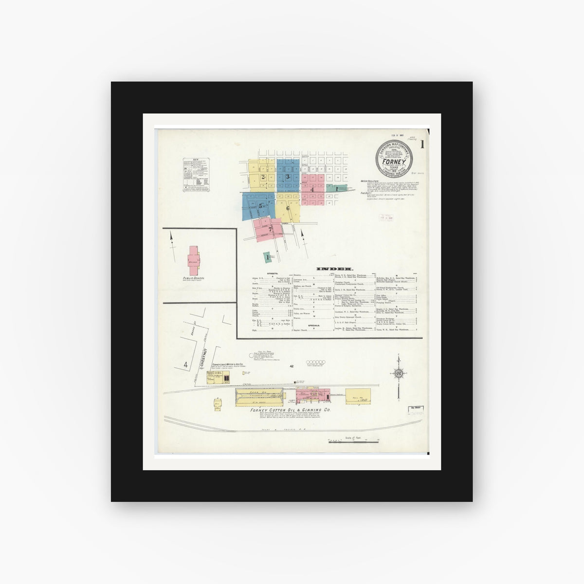 Old map wall art mockup — black gallery frame with white mat — Sanborn Fire Insurance Map from Forney, Kaufman County, Texas (1912) - Complete Map Set