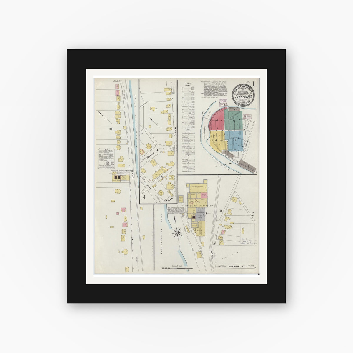 Old map wall art mockup — black gallery frame with white mat — Sanborn Fire Insurance Map from Leechburg, Armstrong County, Pennsylvania (1909) - Complete Map Set
