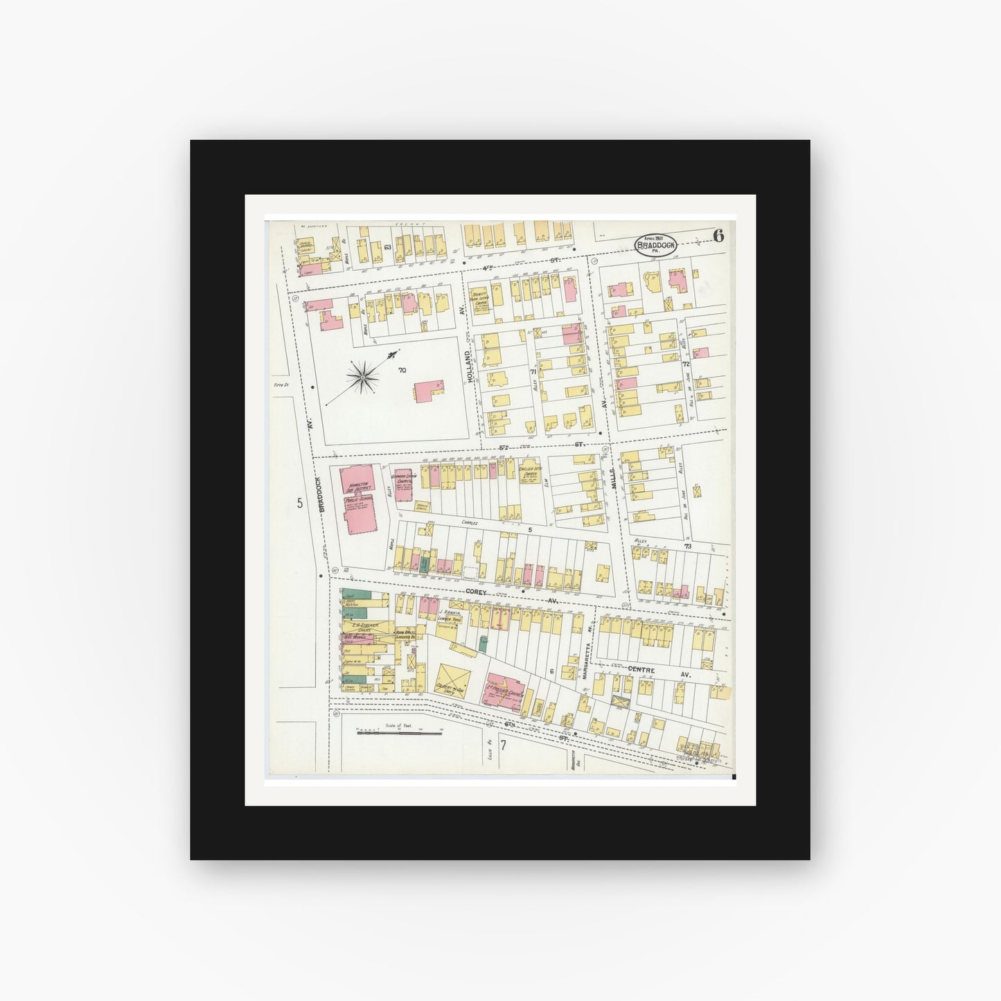 Old map wall art mockup — black gallery frame with white mat — Sanborn Fire Insurance Map from Braddock, Allegheny County, Pennsylvania (1901), Sheet #0006