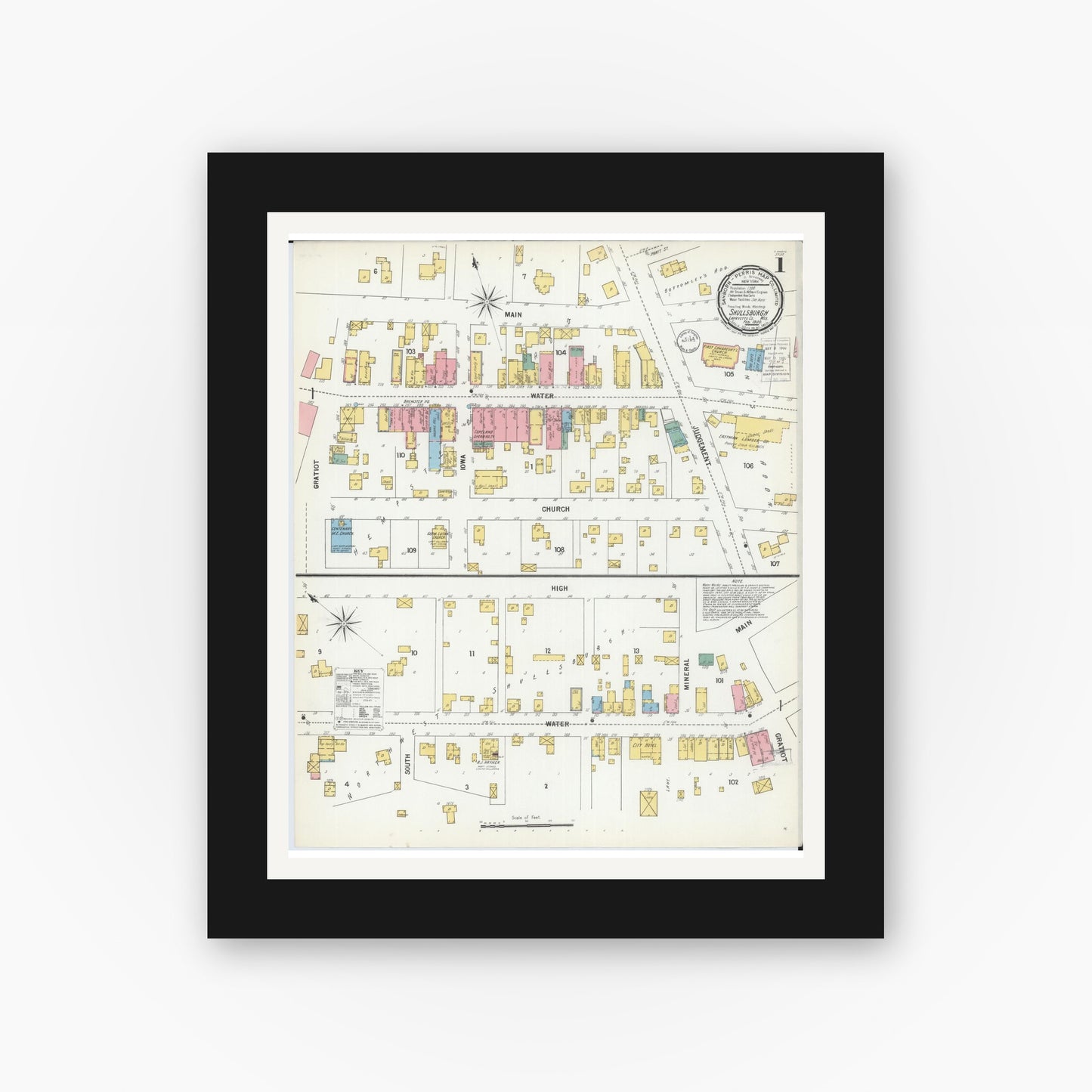 Old map wall art mockup — black gallery frame with white mat — Sanborn Fire Insurance Map from Shullsburg, Lafayette County, Wisconsin (1900), Sheet #0001