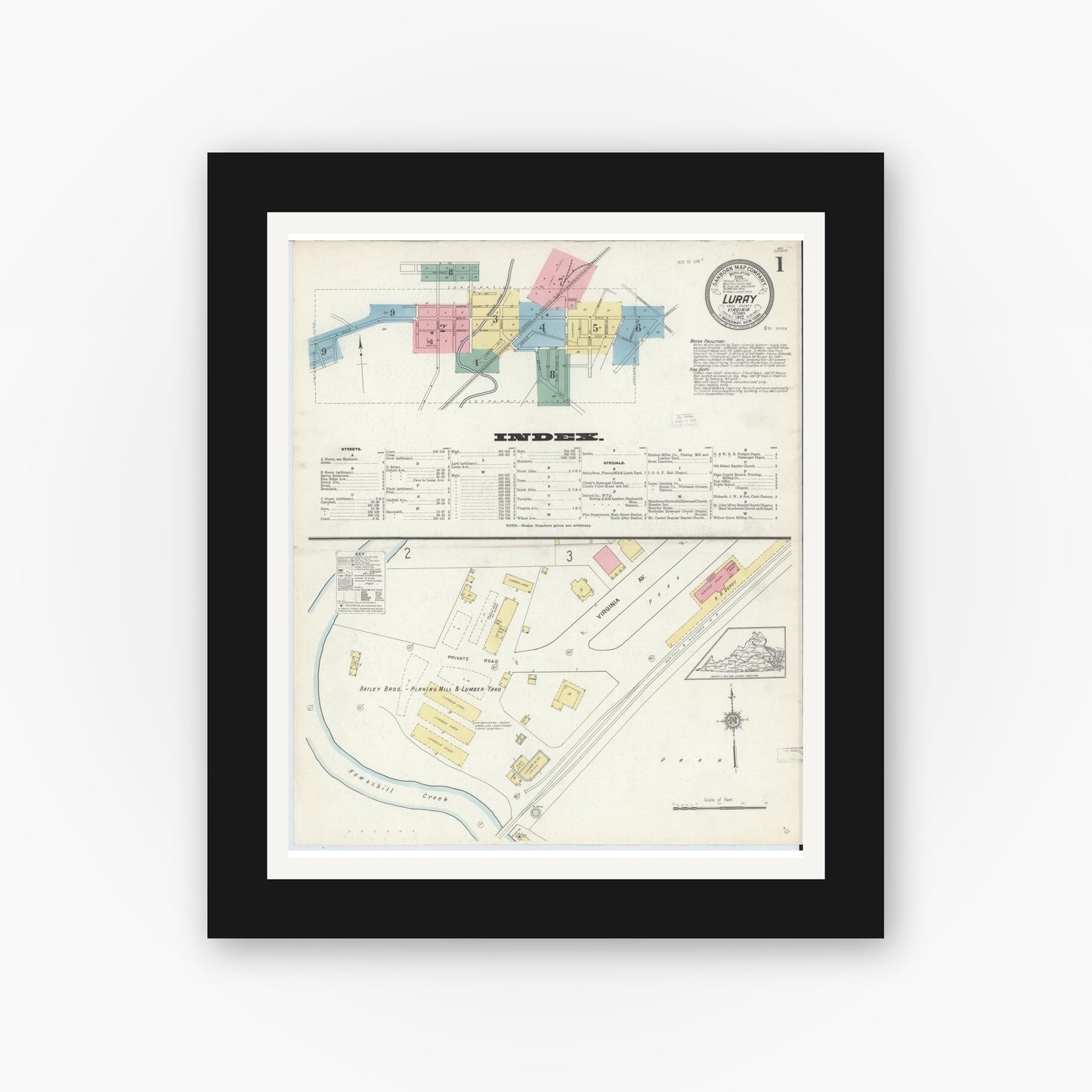Old map wall art mockup — black gallery frame with white mat — Sanborn Fire Insurance Map from Luray, Page County, Virginia (1912) - Complete Map Set