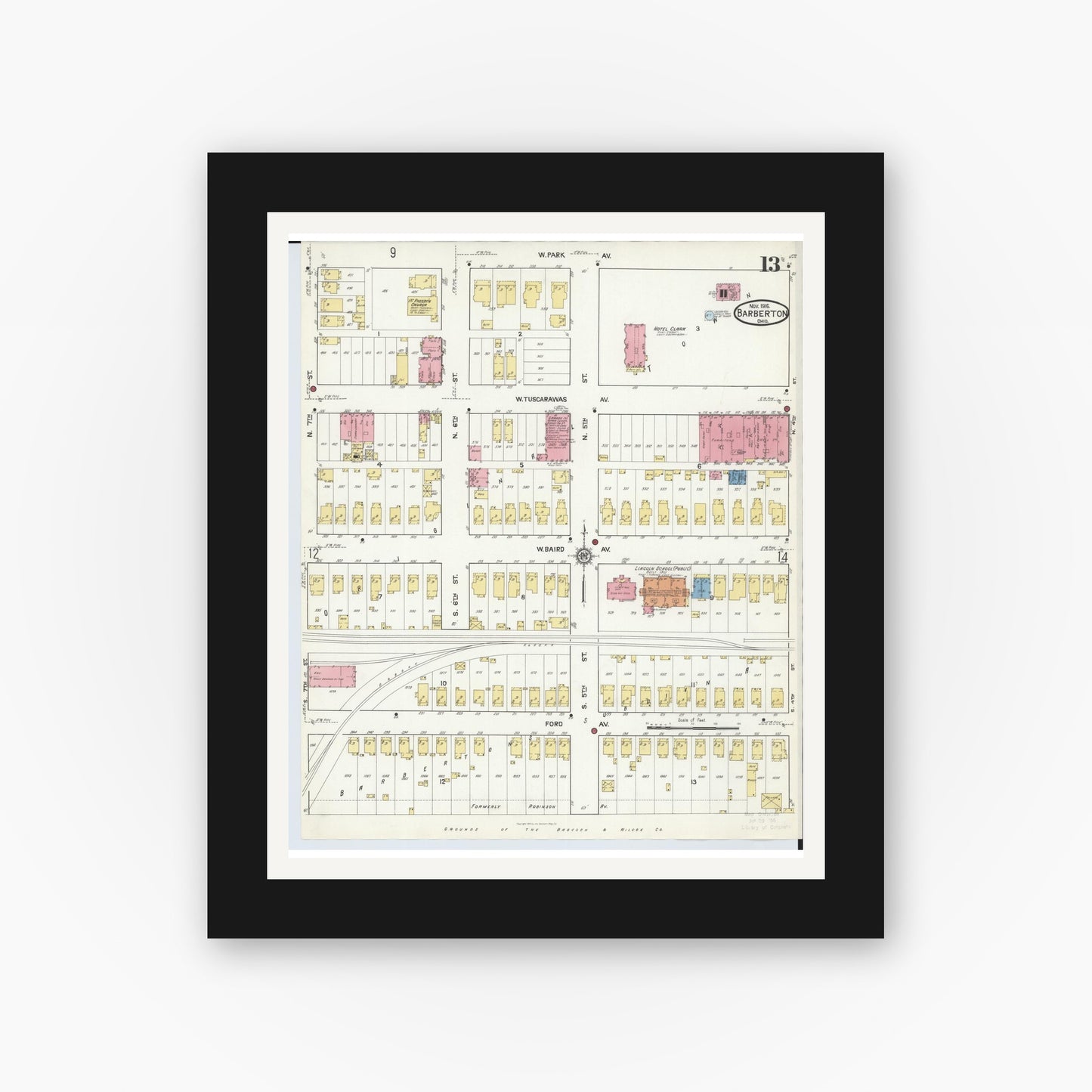 Old map wall art mockup — black gallery frame with white mat — Sanborn Fire Insurance Map from Barberton, Summit County, Ohio (1916), Sheet #0013